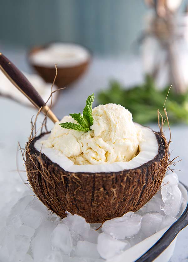 Tropical Dairy-Free No-Churn Ice Cream in a coconut shell