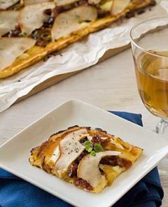 Gluten Free Flourless Pizza with Pears Bacon and Caramelized Onions