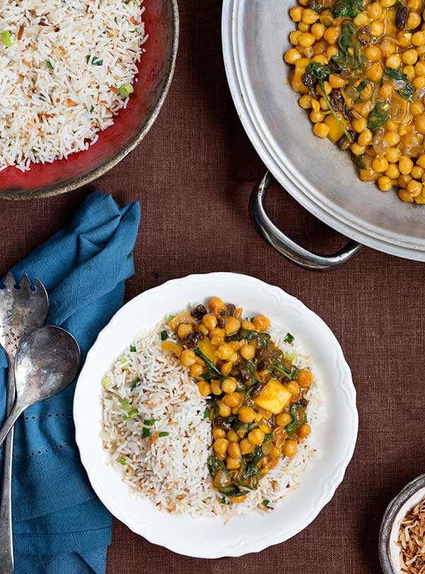 Gluten and dairy free quick chickpea curry with creamy coconut rice. Vegetarian and Vegan.
