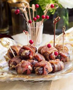 A lovely gluten free recipe for dates stuffed with goat cheese and pecans and wrapped with bacon