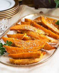 Easy roasted and glazed sweet potatoes. Gluten Free.