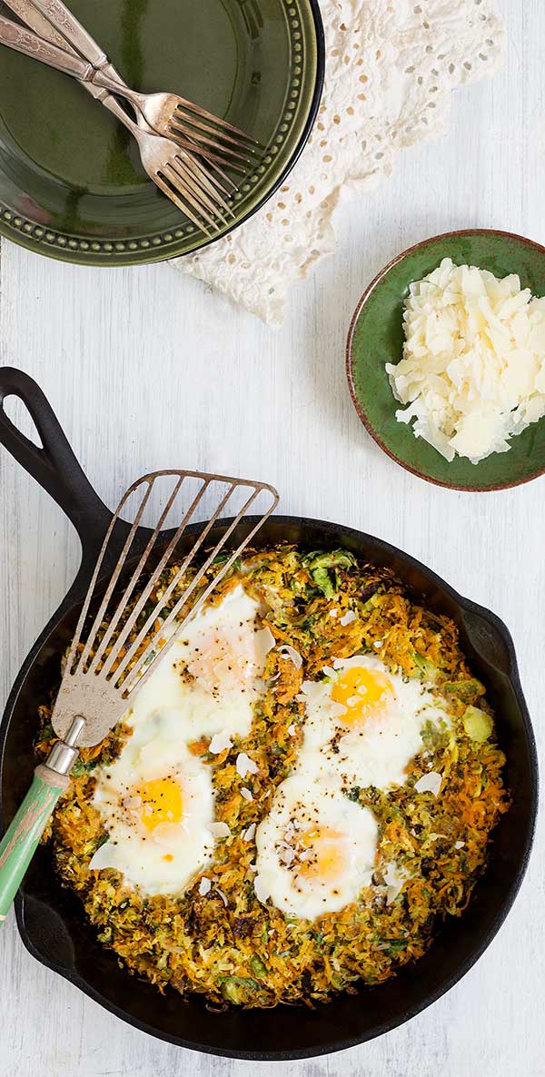  gluten free superfood rich recipe for Sweet Potato Brussels Sprouts Hash with eggs.