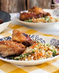 Glazed Asian Chicken over stir fried cauliflower rice