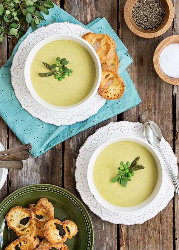 Dairy and gluten free creamy asparagus and pea soup