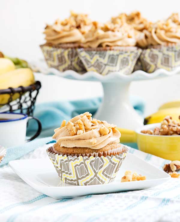 Gluten Free Banana Walnut Cupcakes with Brown Sugar Frosting