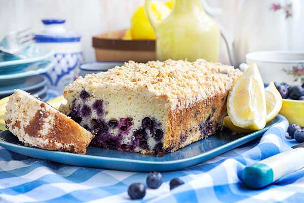Moist and delicious gluten free lemon blueberry pound cake