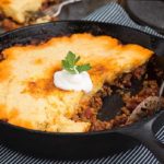 Easy skillet chili with gluten free cornbread topping