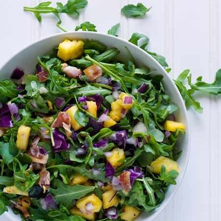 gluten free tropical summer salad with pinapple bacon and arugula 450x481 1.jpg