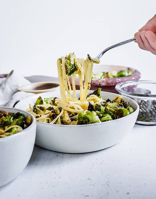 Tahini Pasta with Brussels and Capers Recipe