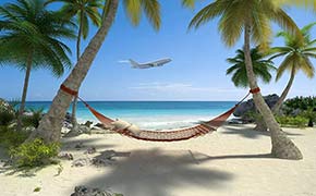 Hammock between two palm trees with an airplane in the background