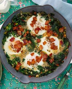 Top view of Spicy Kale and Eggs Recipe in a skillet