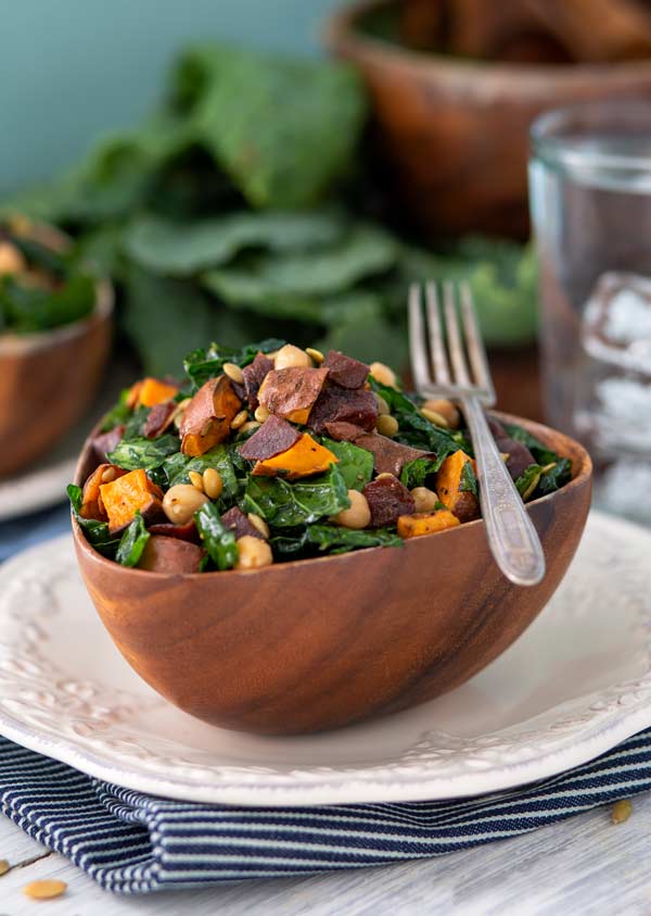 Kale Superfood Salad in a wooden bowl