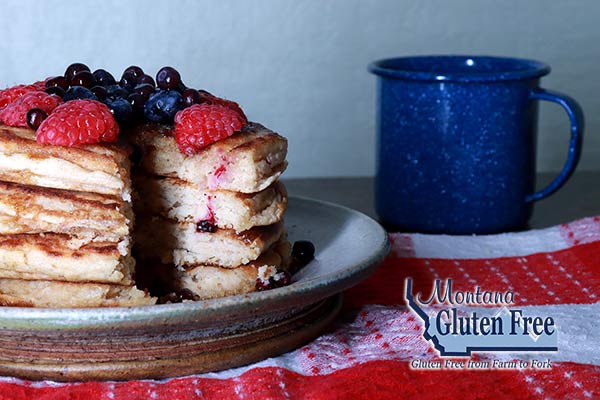 Stack of gluten free pancakes on a plate, made with Montana Gluten Free Mix