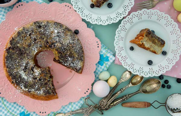 Banana Chocolate Chip Cake on a plate with Easter decorations