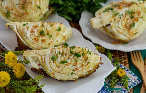 Browned Butter Cabbage wedges on a platter