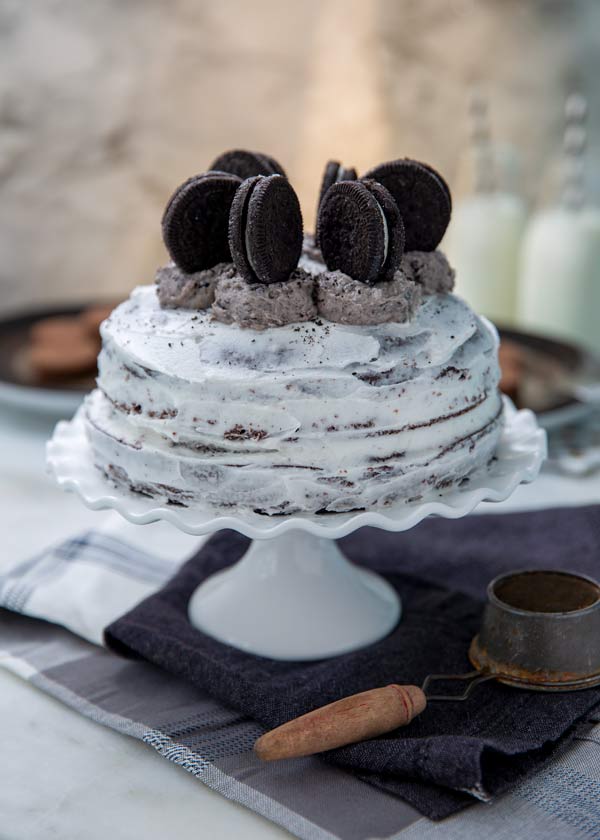 Cookies and Cream Cake on a white serving platter