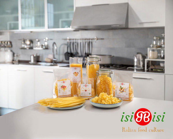 Isibisi Gluten-Free Pasta on a countertop with a clean, modern kitchen in the background