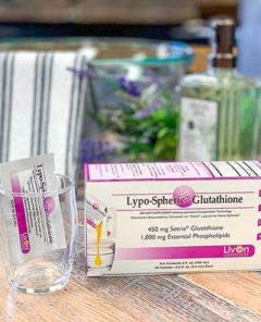 LivOn Labs Glutathione on a counter with lavender in the background
