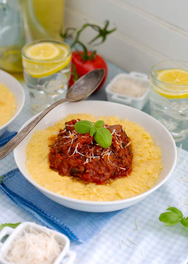Polenta with Roasted Ratatouille in a white bowl