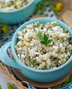 Spring Quinoa with Peas and Asparagus in a blue bowl.