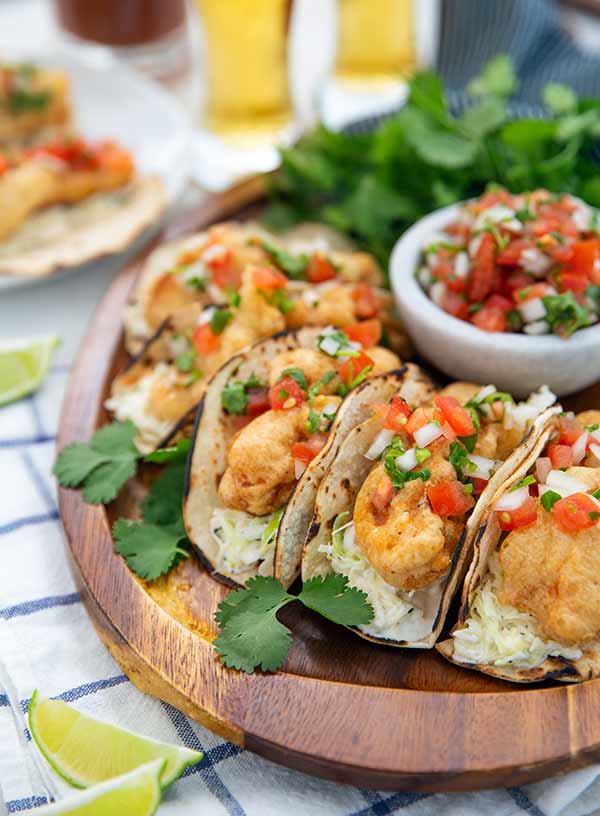Baja Fish Tacos on a wooden serving platter