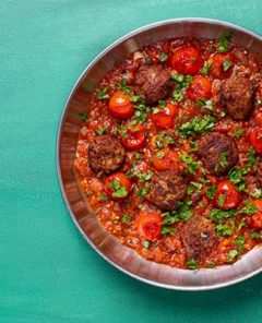 Calabrian Meatballs in a steel skillet
