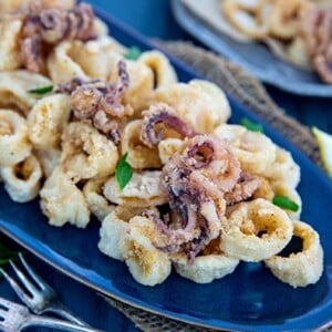 Fried Calamari on a dark blue serving platter