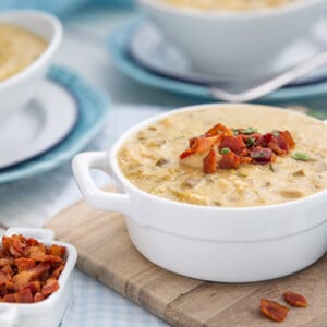 Chicken Enchilada Soup in a white serving bowl