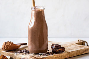 Cinnamon Cacao Smoothie in a cute glass milk bottle