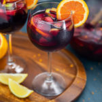 Classic Sangria in wine glasses with fruit inside and on the rim