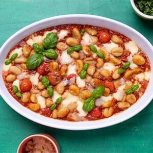 Sorrento-Style Gnocchi in a white casserole dish