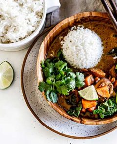 Sweet Potato Mushroom Kale Curry with white rice on the side