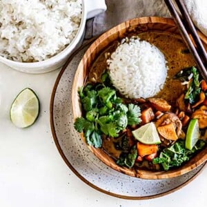 Sweet Potato Mushroom Kale Curry with white rice on the side