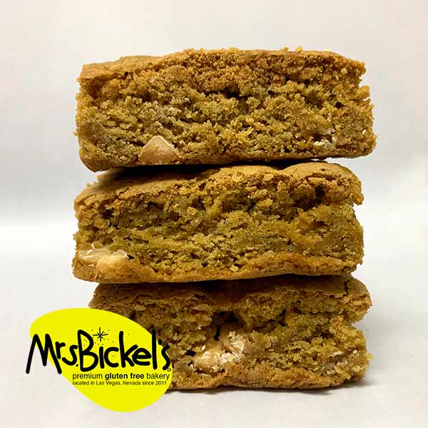 Mrs Bickels Gluten-Free Blondies stacked on top of each other with Mrs Bickel's logo in the bottom corner