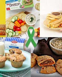 Collage of gluten-free food products with a green Celiac Awareness Month ribbon in the center