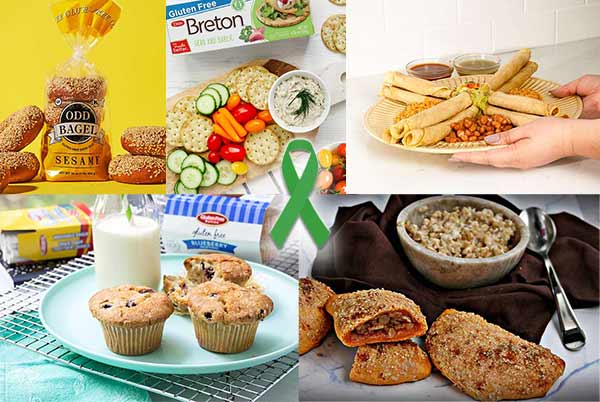 Collage of gluten-free food products with a green Celiac Awareness Month ribbon in the center