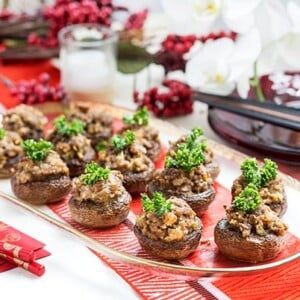 Teriyaki Stuffed Mushrooms on a decorative serving platter