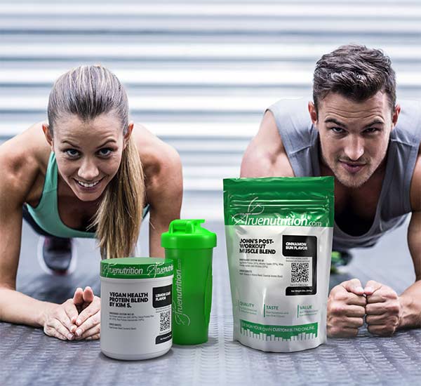 True Nutrition Customized Protein Powders with a male and female athlete performing planks in the background