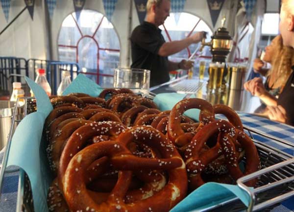 Closeup of gluten-free German soft pretzels with salt on top