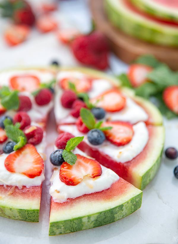 Close up slices of Red, White & Blue Watermelon Pizza