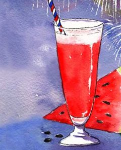 Watermelon Daiquiri watercolor illustration with slice of watermelon and a red, white and blue straw