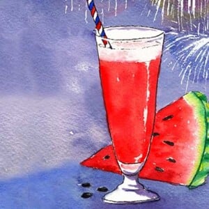 Watermelon Daiquiri watercolor illustration with slice of watermelon and a red, white and blue straw