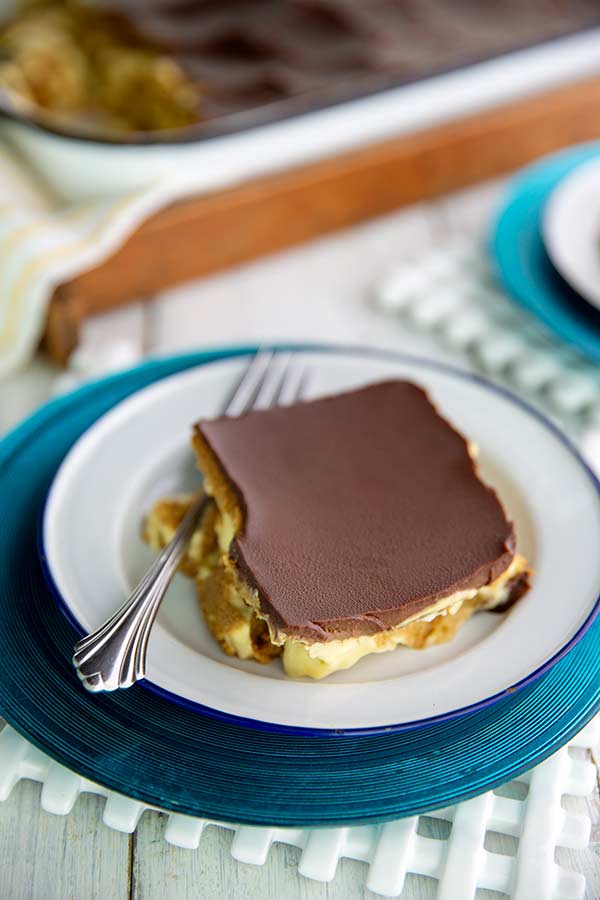 Boston Cream Icebox Cake on top of a white and teal plate