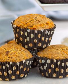 Carrot Cake Muffins in black and white polka dot muffin wrappers