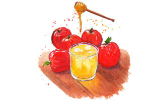 Watercolor illustration of Honey Apple Mixer cocktail with apples in the background