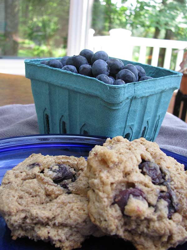 Blueberry Breakfast Cookies on a blue plate with a pint of blueberries in the background