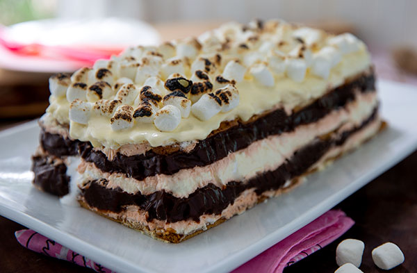 Smores No-Bake Cake on a white rectangular serving platter