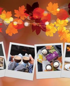 Background with fall colored leaves and four polaroid photos overlaid with different fall treats on each photo