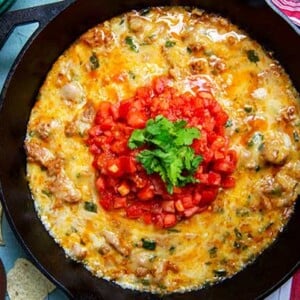 Overhead view of Queso Fundido topped with chopped tomatoes and cilantro in a black cast iron skillet