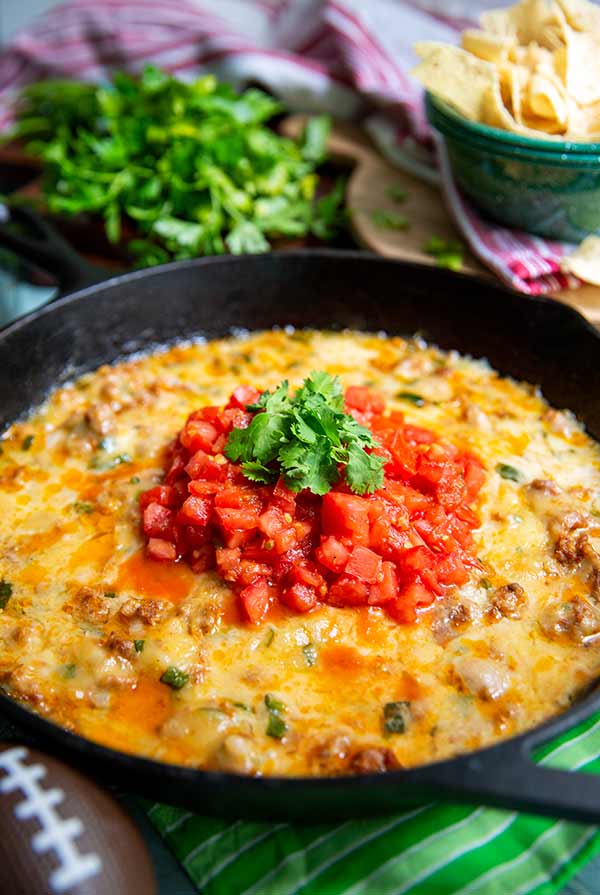 Closeup of Queso Fundido topped with chopped tomatoes and cilantro in a black cast iron skillet
